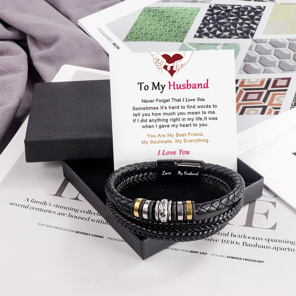 Three-layer black leather bracelet with stainless steel magnetic buckle and engraved lettering
