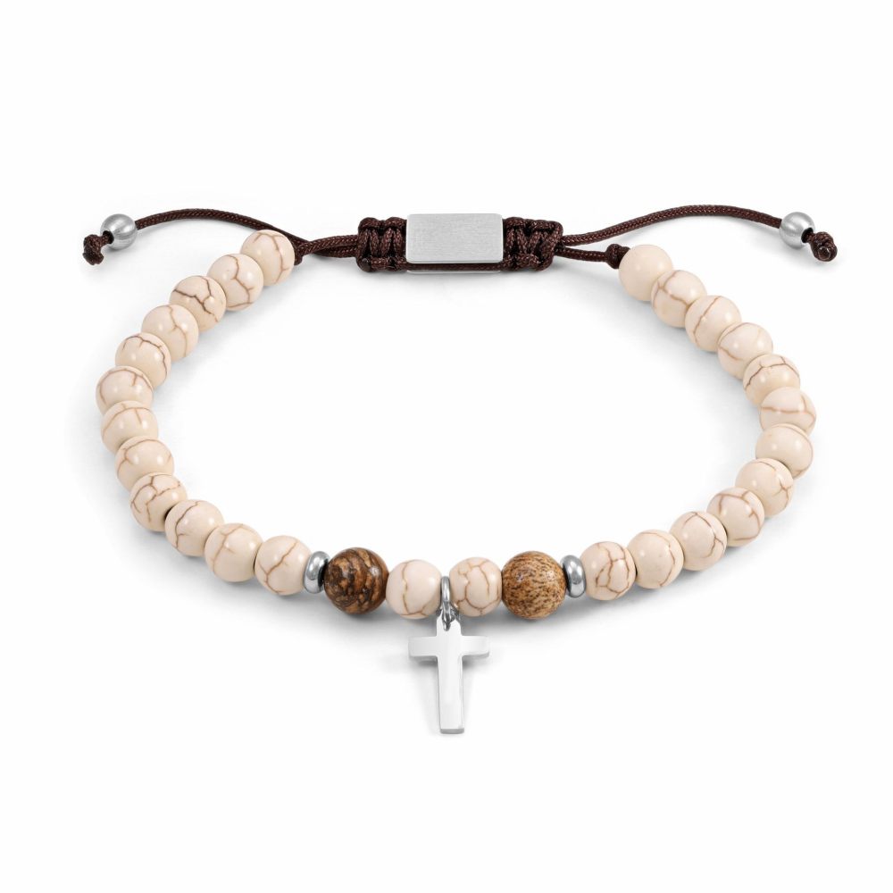6mm white pine volcanic stone elastic rope bracelet black frosted stainless steel cross bracelet