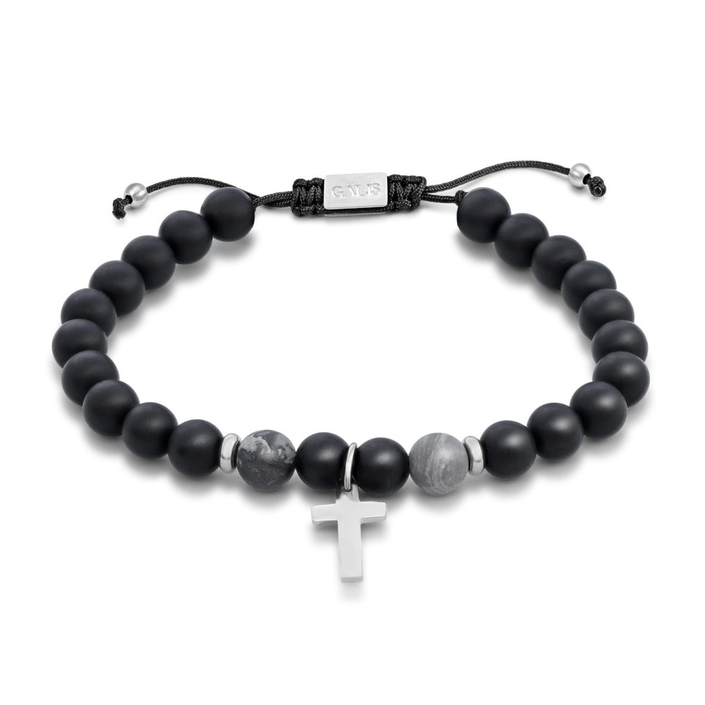 6mm white pine volcanic stone elastic rope bracelet black frosted stainless steel cross bracelet