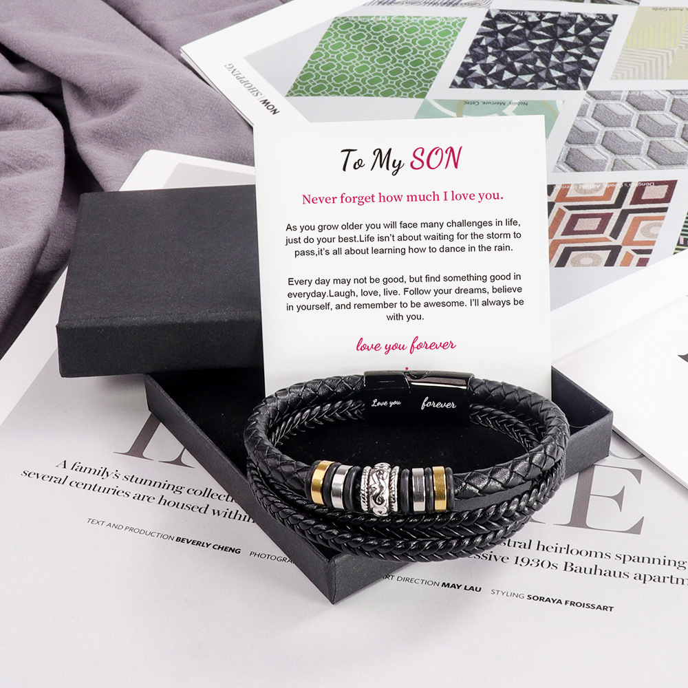 Three-layer black leather bracelet with stainless steel magnetic buckle and engraved lettering