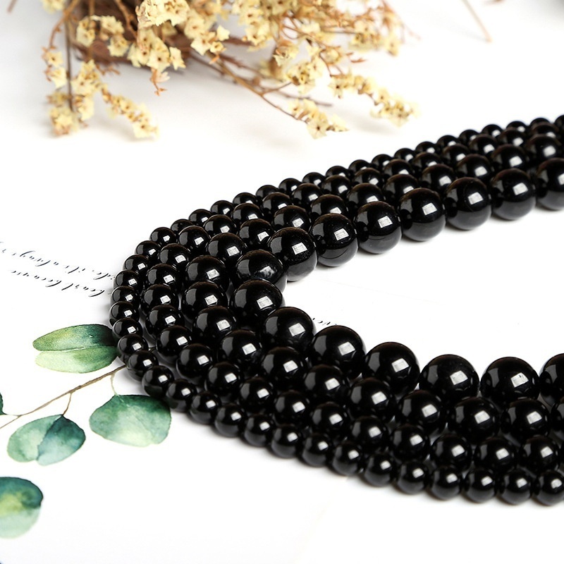 Natural black tourmaline loose beads DIY semi-finished tourmaline round beads