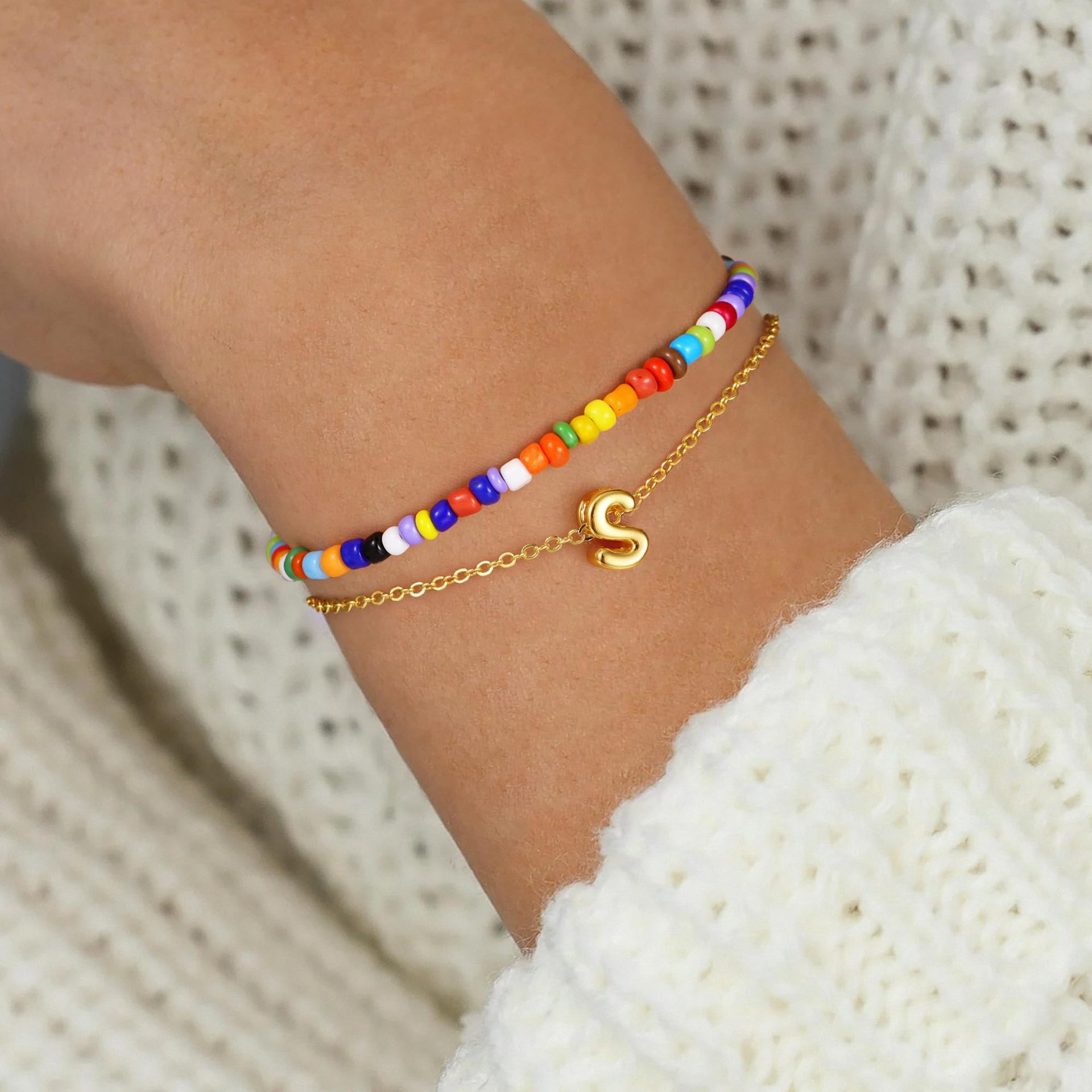 Dopamine layered bracelet colorful rice beads bubble gold letter bracelet