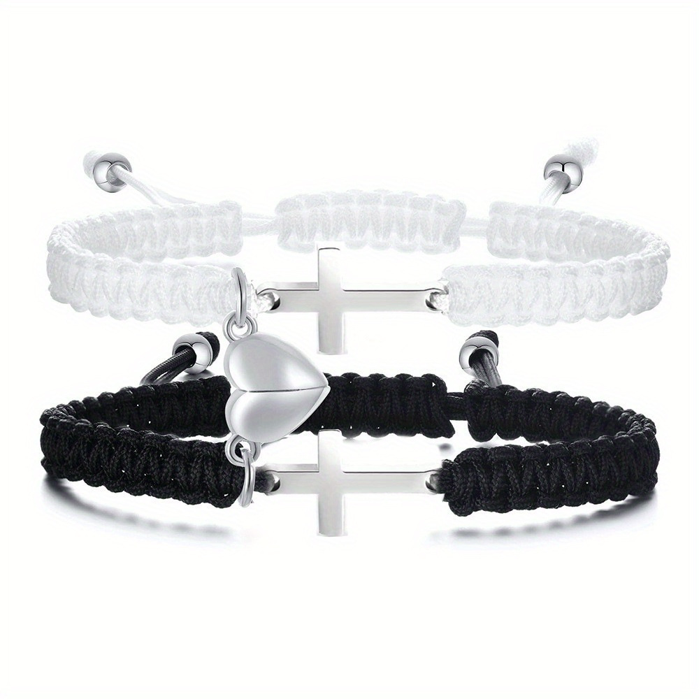 Stainless steel couple bracelet love heart diamond hand-woven spherical magnetic half heart bracelet set