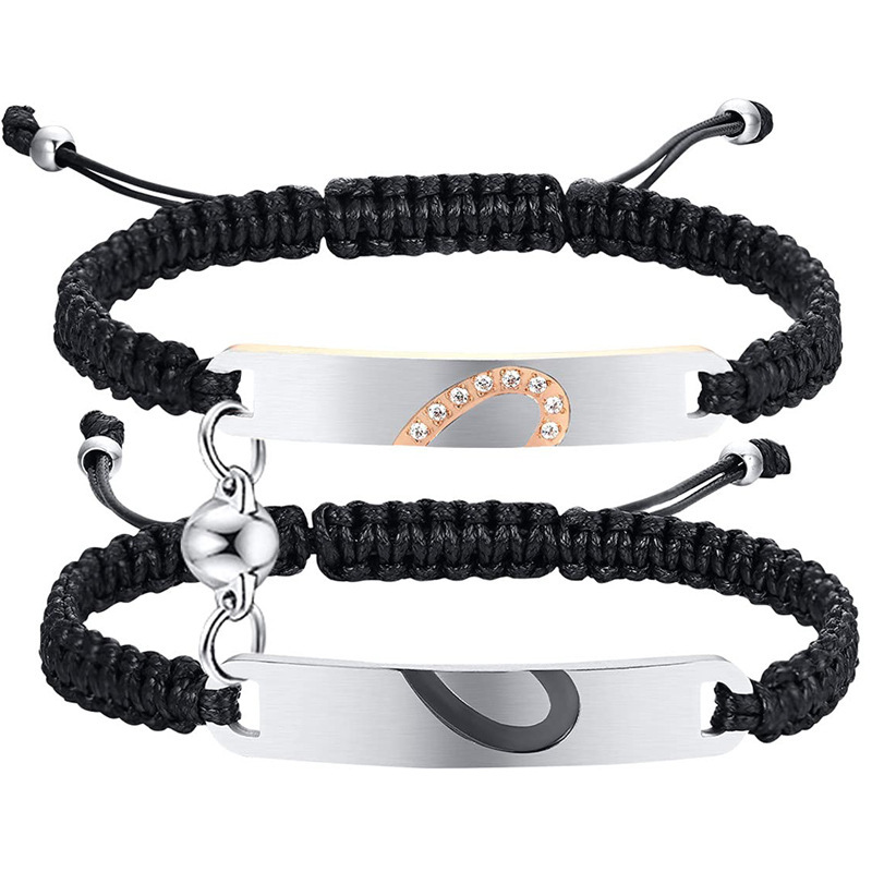 Stainless steel couple bracelet love heart diamond hand-woven spherical magnetic half heart bracelet set