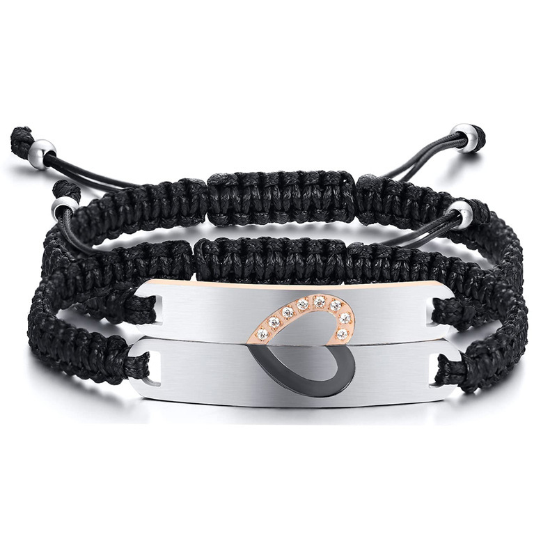 Stainless steel couple bracelet love heart diamond hand-woven spherical magnetic half heart bracelet set