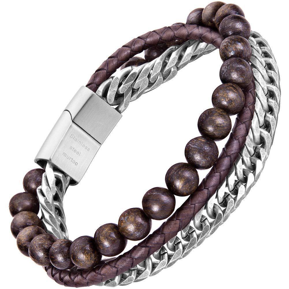 Dark brown round rope leather bracelet stainless steel keel chain magnetic buckle bracelet
