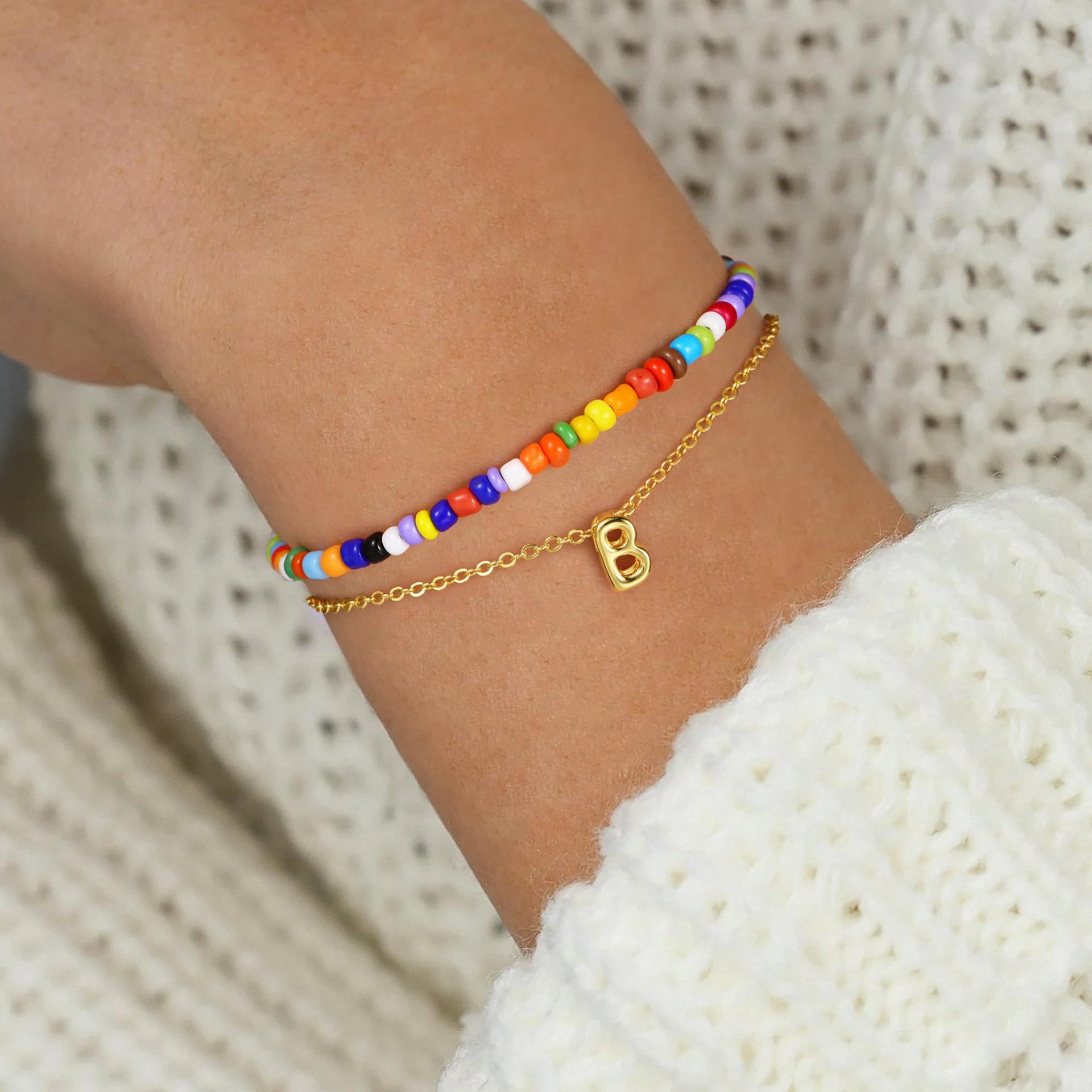 Dopamine layered bracelet colorful rice beads bubble gold letter bracelet