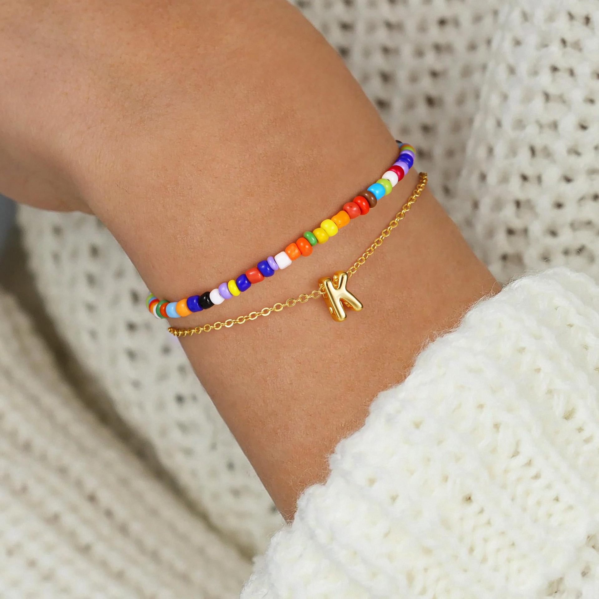 Dopamine layered bracelet colorful rice beads bubble gold letter bracelet