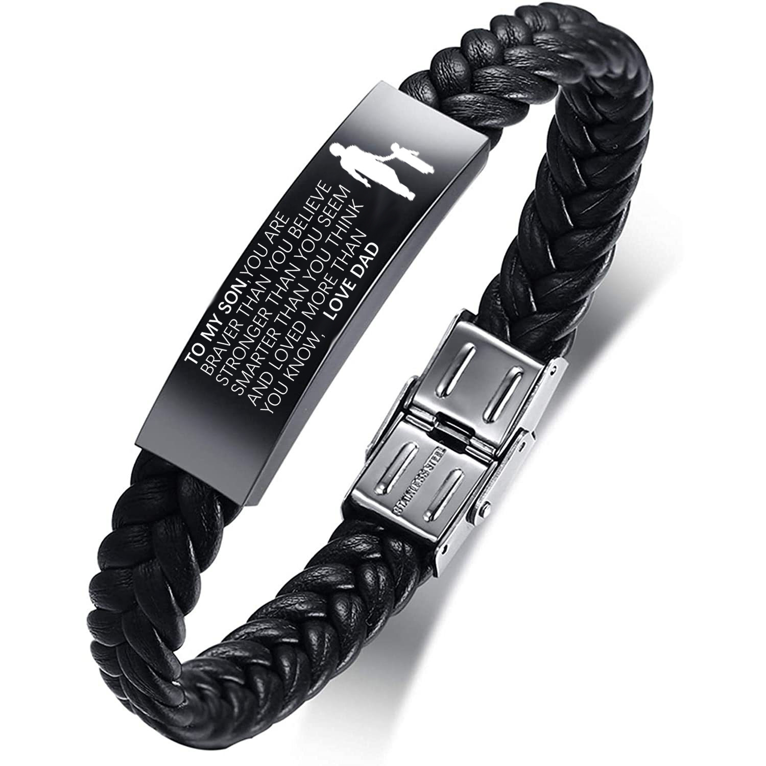 Black leather curved tube bracelet stainless steel curved plate engraved tooth buckle detachable leather bracelet