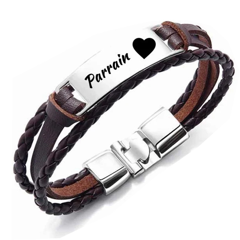 Hand-woven engraved bracelet stainless steel tongue buckle steel plate engraved leather bracelet