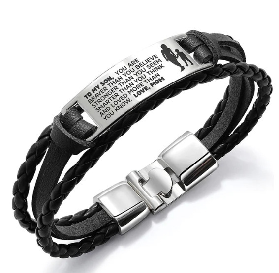Hand-woven engraved bracelet stainless steel tongue buckle steel plate engraved leather bracelet