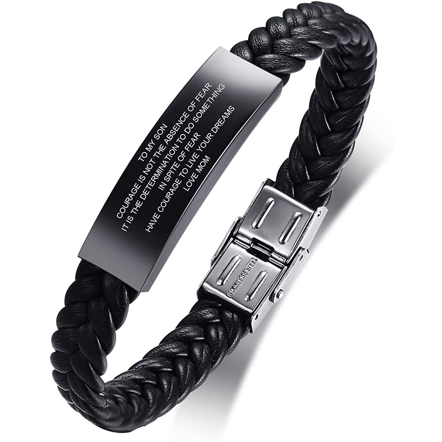 Black leather curved tube bracelet stainless steel curved plate engraved tooth buckle detachable leather bracelet