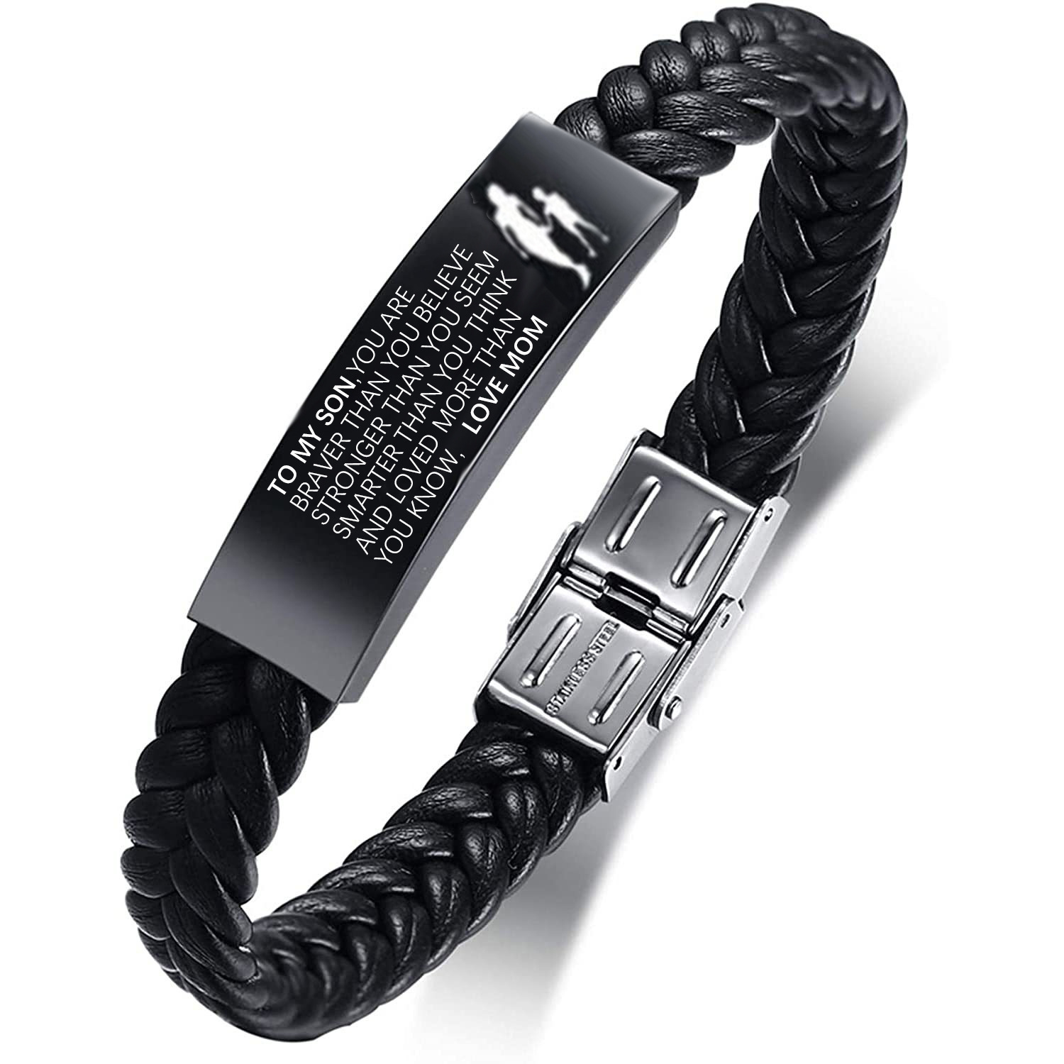 Black leather curved tube bracelet stainless steel curved plate engraved tooth buckle detachable leather bracelet