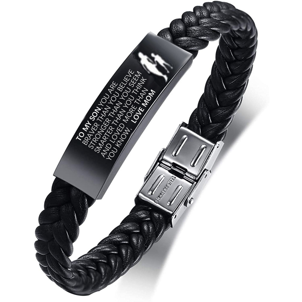 Black leather curved tube bracelet stainless steel curved plate engraved tooth buckle detachable leather bracelet