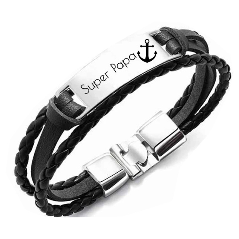 Hand-woven engraved bracelet stainless steel tongue buckle steel plate engraved leather bracelet