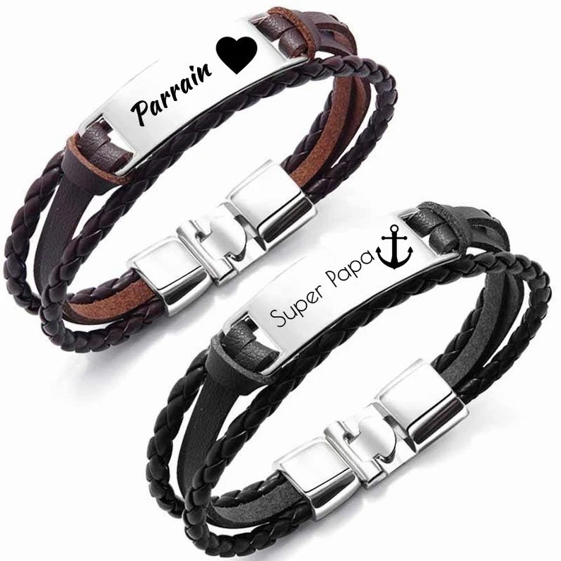 Hand-woven engraved bracelet stainless steel tongue buckle steel plate engraved leather bracelet