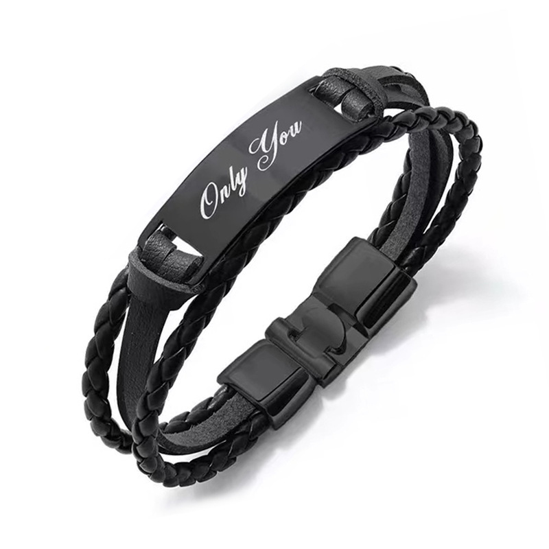 Hand-woven engraved bracelet stainless steel tongue buckle steel plate engraved leather bracelet