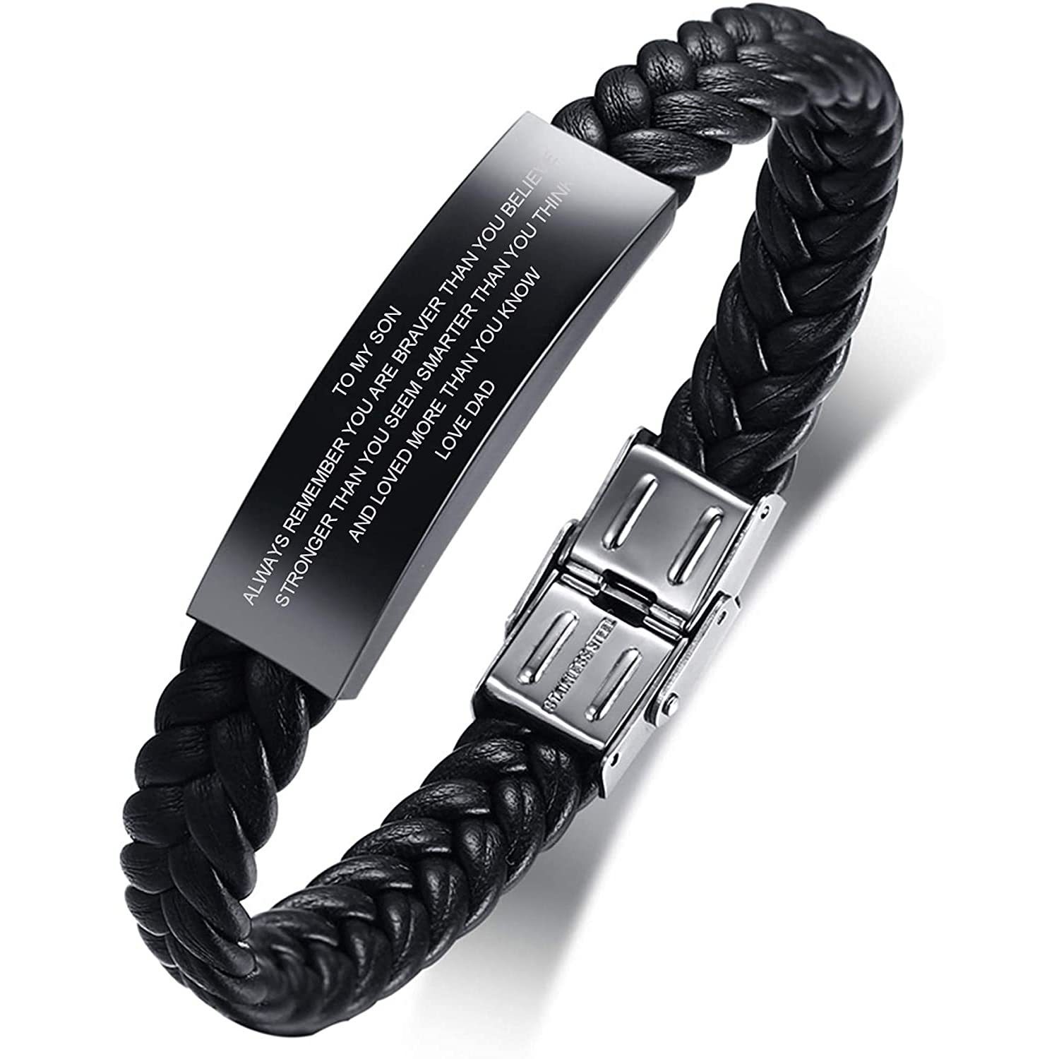 Black leather curved tube bracelet stainless steel curved plate engraved tooth buckle detachable leather bracelet