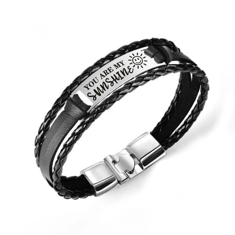 Hand-woven engraved bracelet stainless steel tongue buckle steel plate engraved leather bracelet