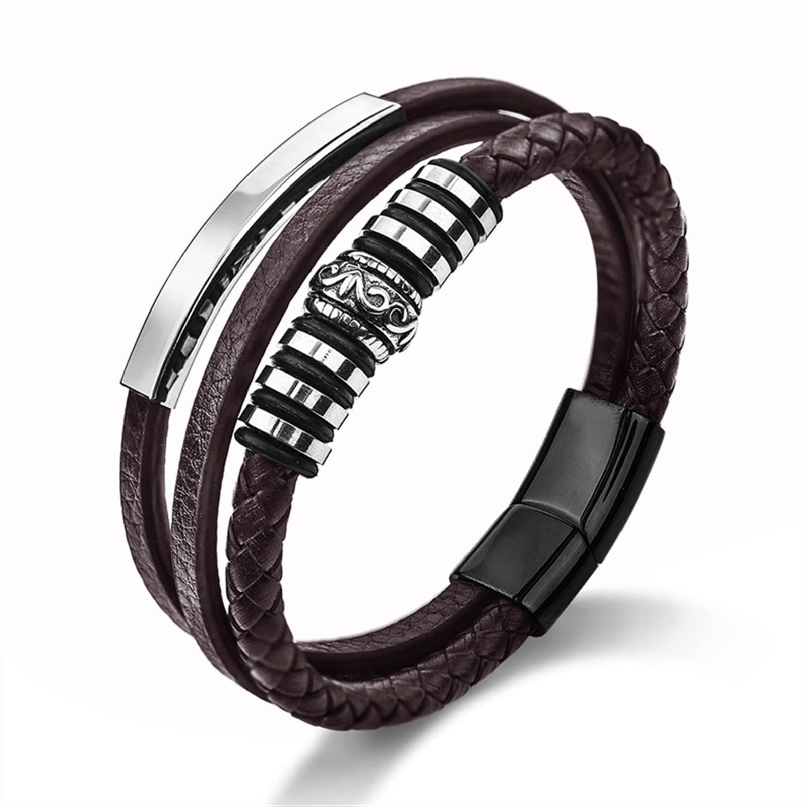 Stainless steel men's leather bracelet curved tube lettering hand-woven multi-layer leather bracelet