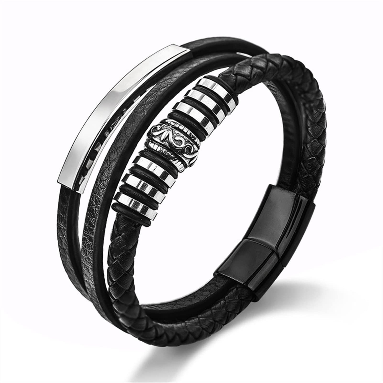 Stainless steel men's leather bracelet curved tube lettering hand-woven multi-layer leather bracelet