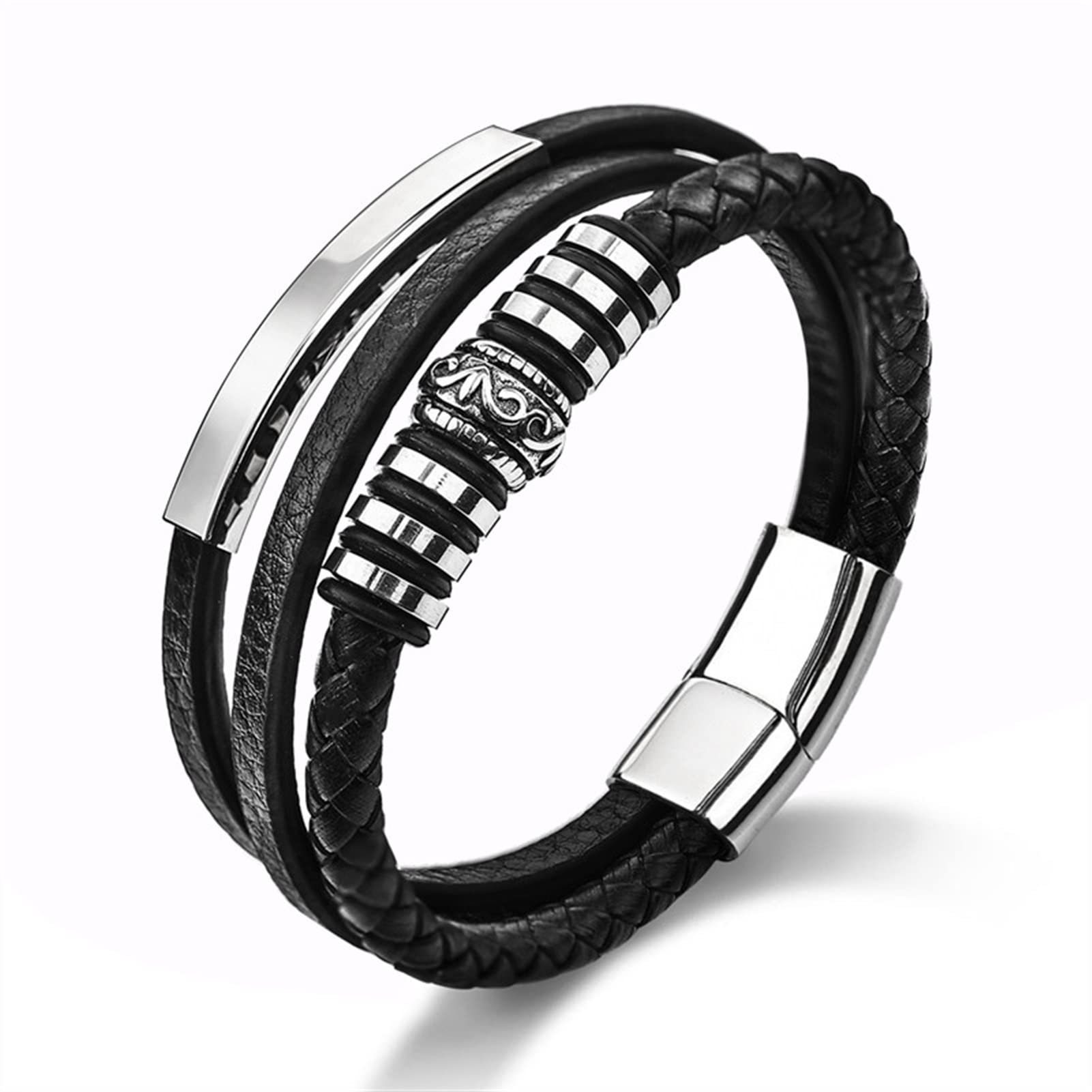 Stainless steel men's leather bracelet curved tube lettering hand-woven multi-layer leather bracelet