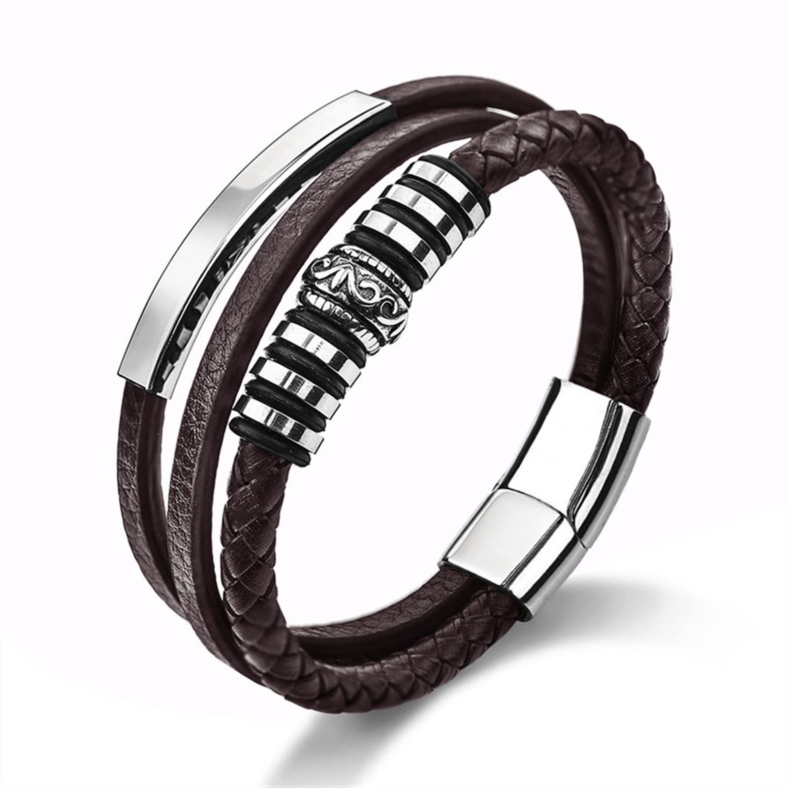 Stainless steel men's leather bracelet curved tube lettering hand-woven multi-layer leather bracelet