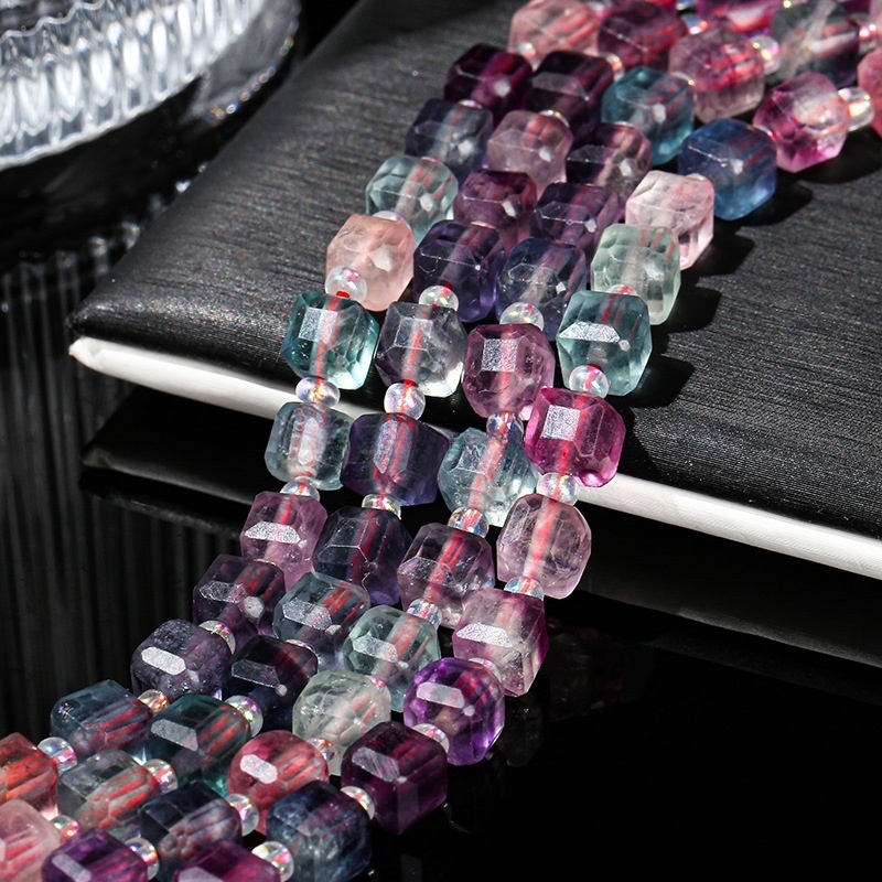 5A natural rainbow colored fluorite sugar cube beads