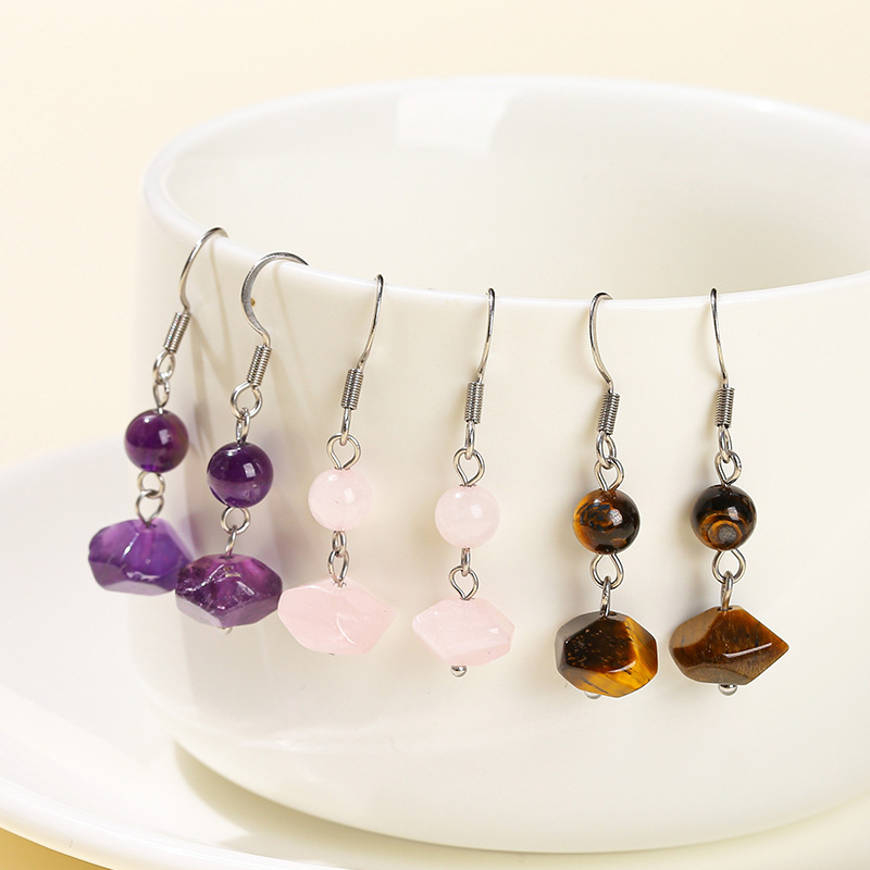 Natural crystal raw stone free-shaped bead earrings stainless steel ear hooks