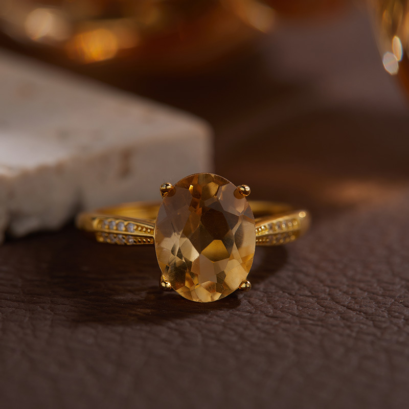 S925 sterling silver inlaid with natural citrine colored gemstone female ring