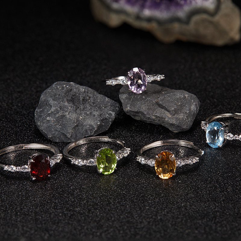 S925 sterling silver natural colored gemstone ring Ins light luxury style open ring
