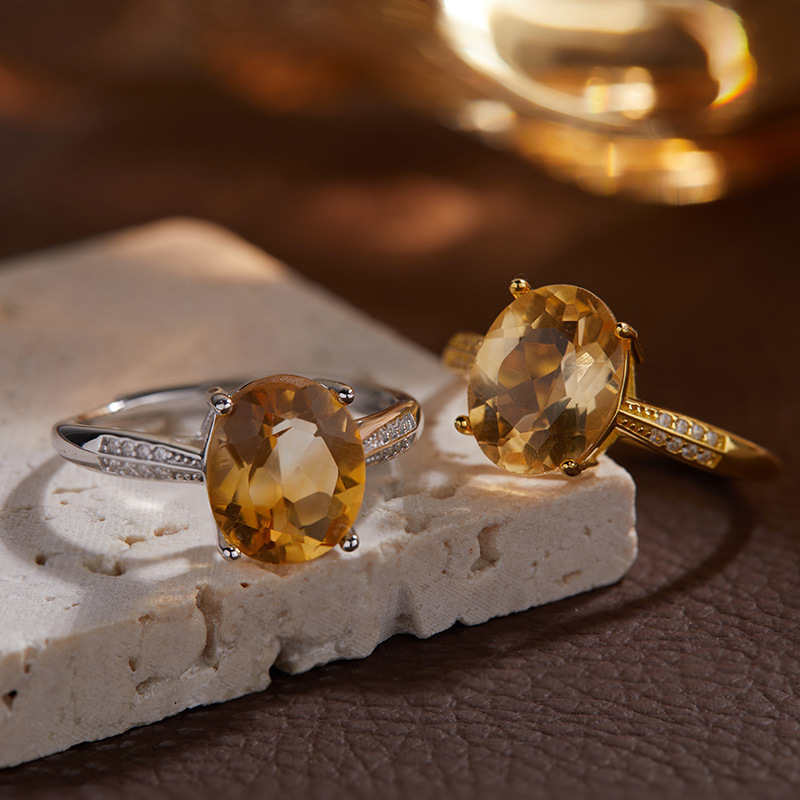 S925 sterling silver inlaid with natural citrine colored gemstone female ring