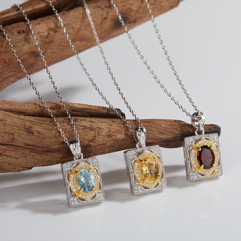 s925 sterling silver inlaid natural topaz citrine garnet colored gemstone necklace