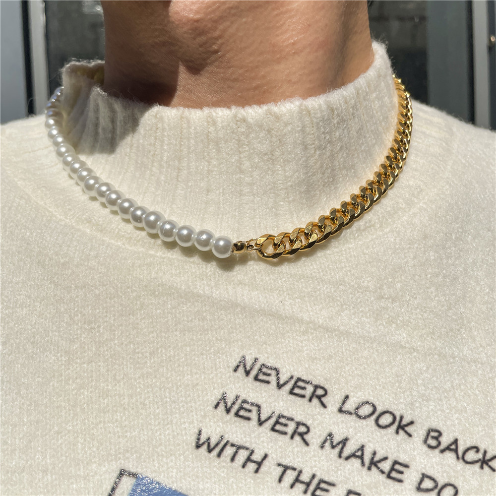 Stitched stainless steel Cuban chain pearl chain necklace