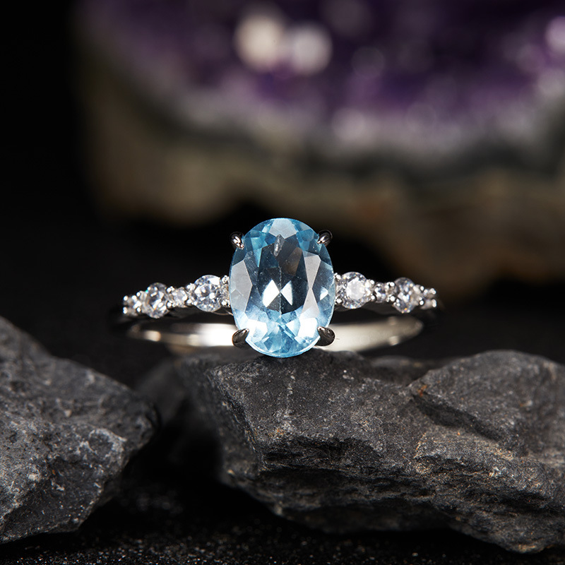 S925 sterling silver natural colored gemstone ring Ins light luxury style open ring