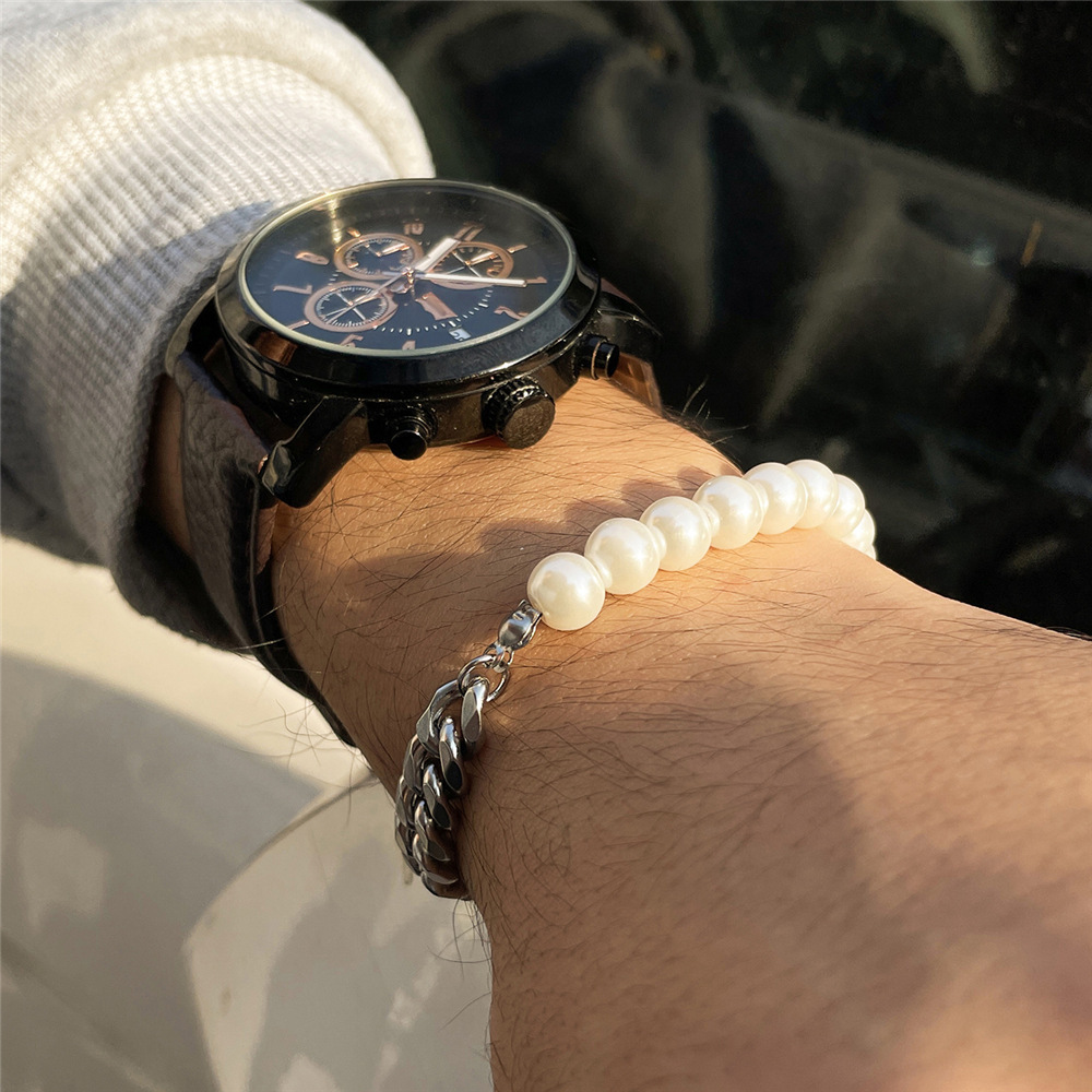 Stitched stainless steel Cuban chain pearl chain necklace