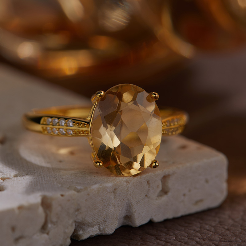 S925 sterling silver inlaid with natural citrine colored gemstone female ring