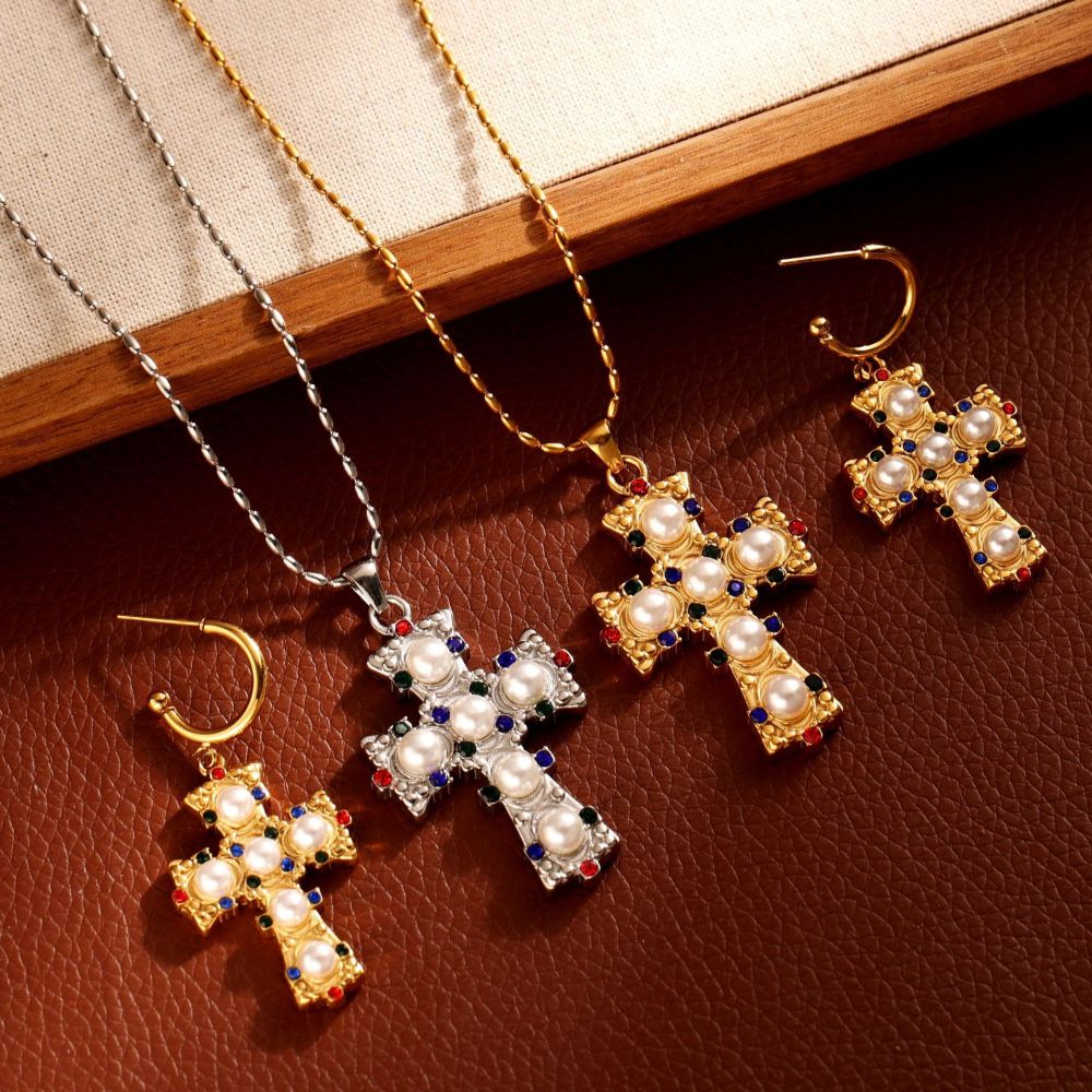 Cross pearl zircon earrings INS design exquisite electroplated 18K gold necklace