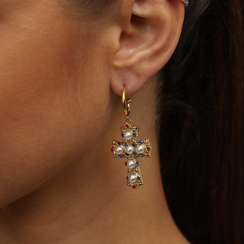 Cross pearl zircon earrings INS design exquisite electroplated 18K gold necklace