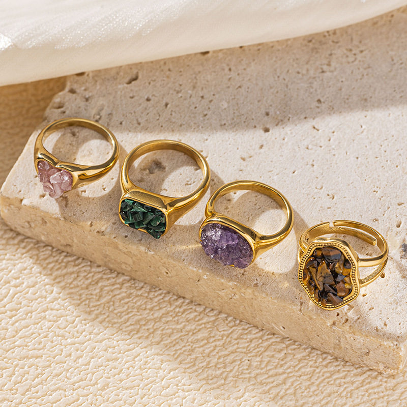 18k gold gravel stainless steel ring natural stone irregular high-end fashion jewelry