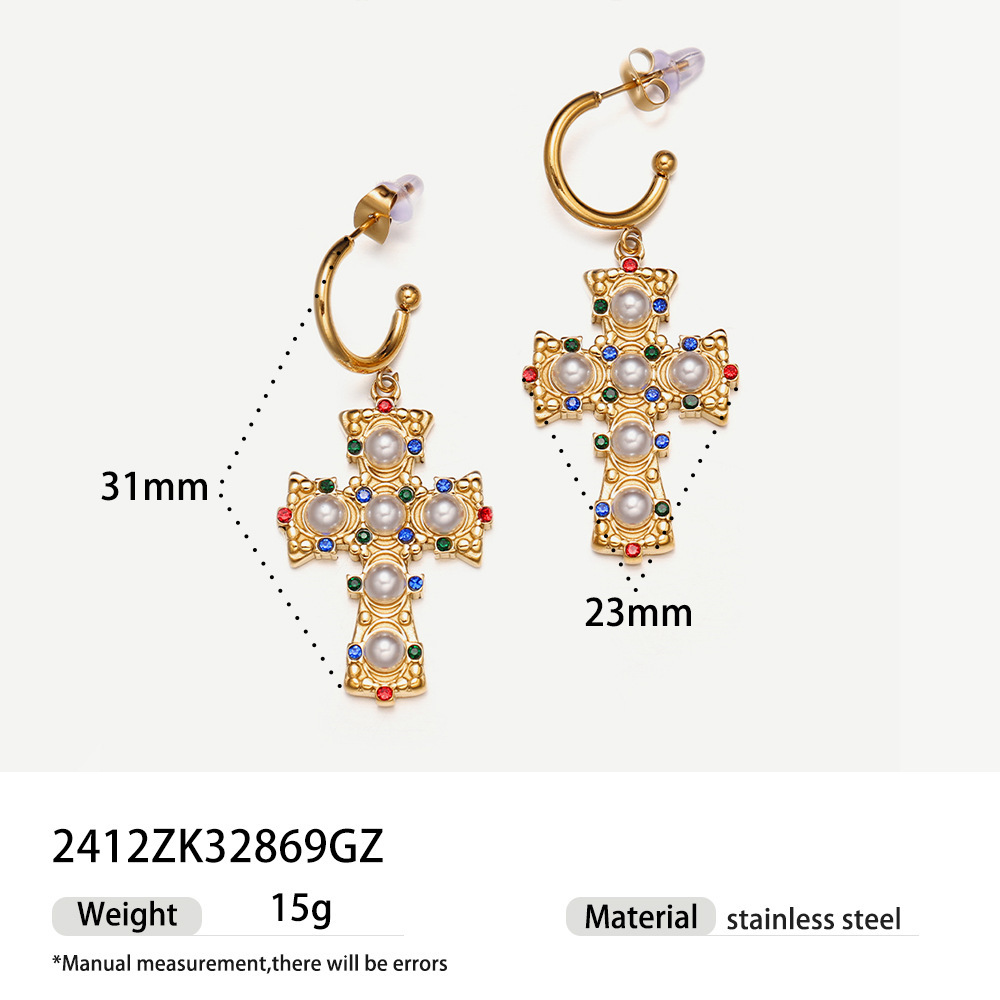 Cross pearl zircon earrings INS design exquisite electroplated 18K gold necklace