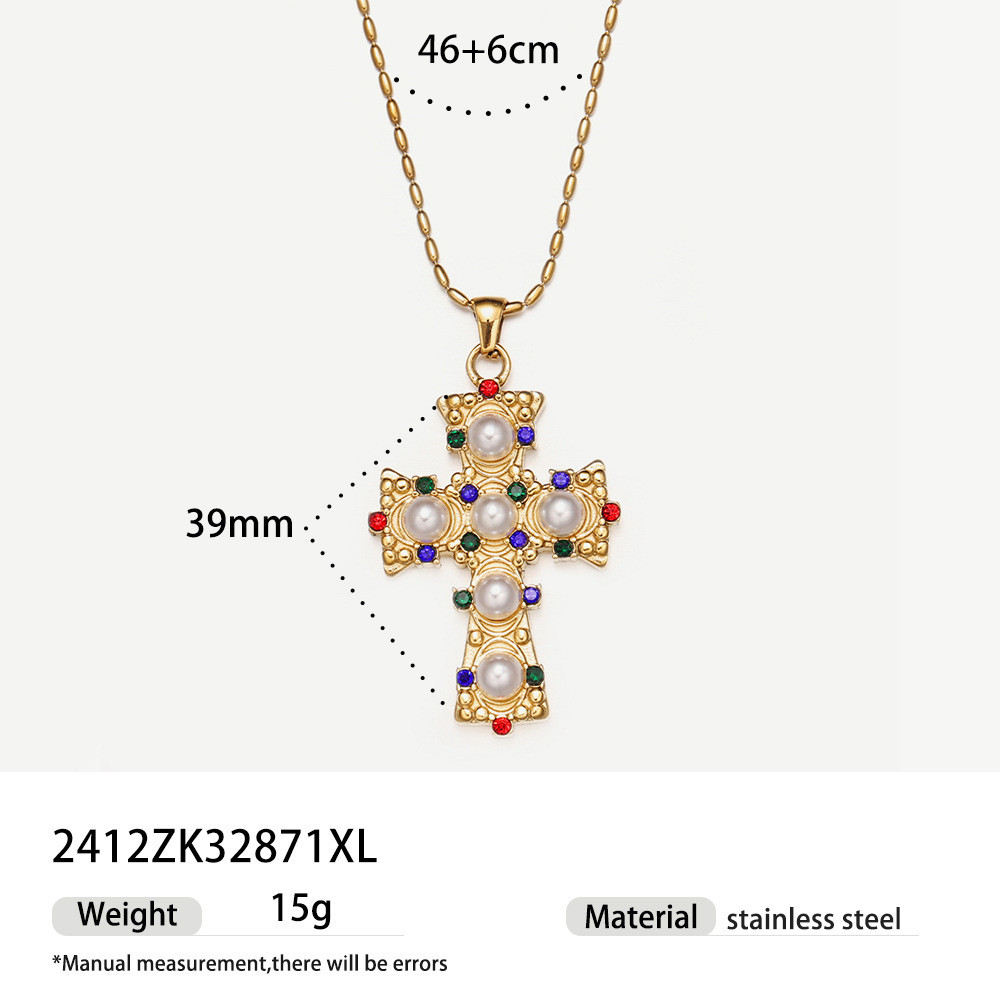 Cross pearl zircon earrings INS design exquisite electroplated 18K gold necklace