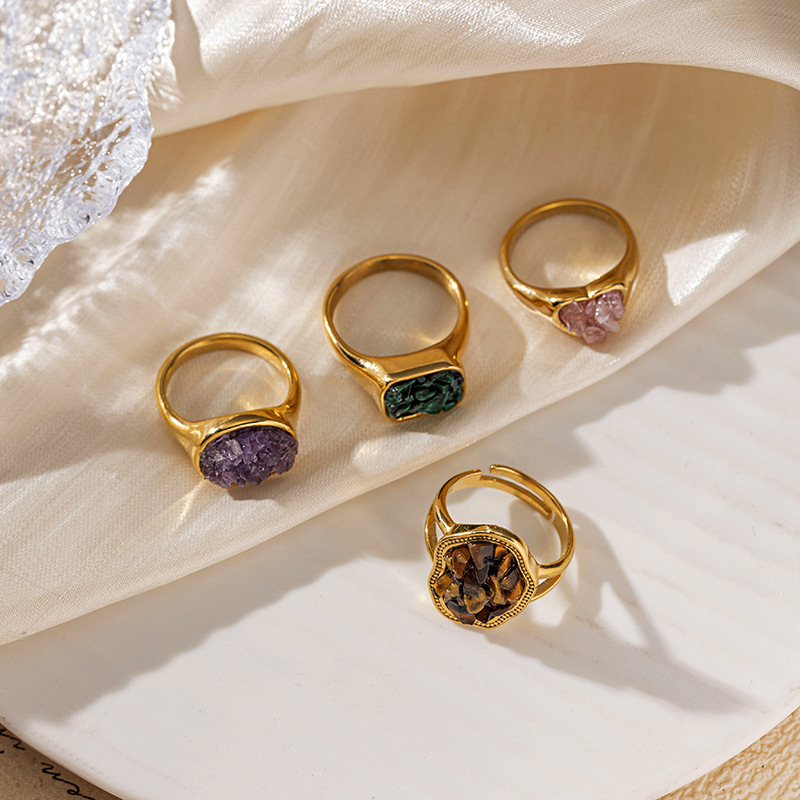 18k gold gravel stainless steel ring natural stone irregular high-end fashion jewelry