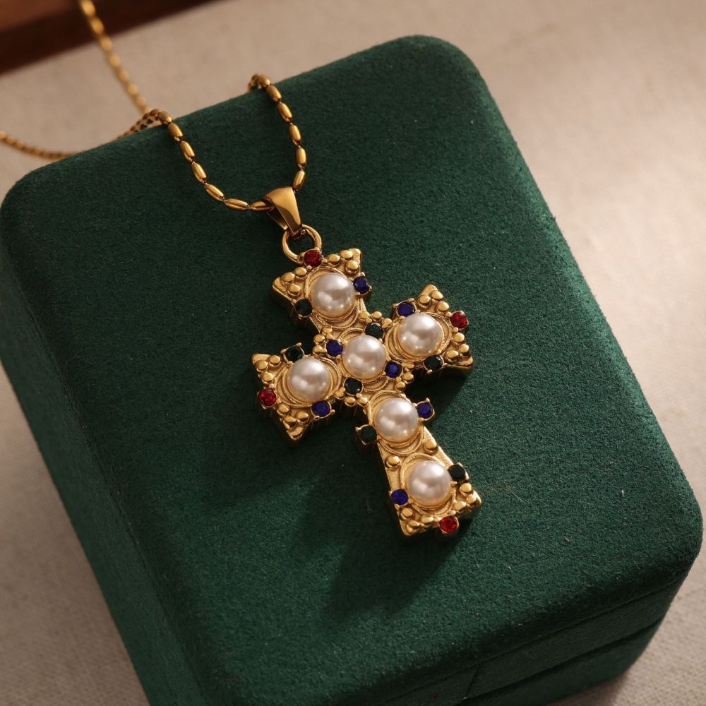 Cross pearl zircon earrings INS design exquisite electroplated 18K gold necklace