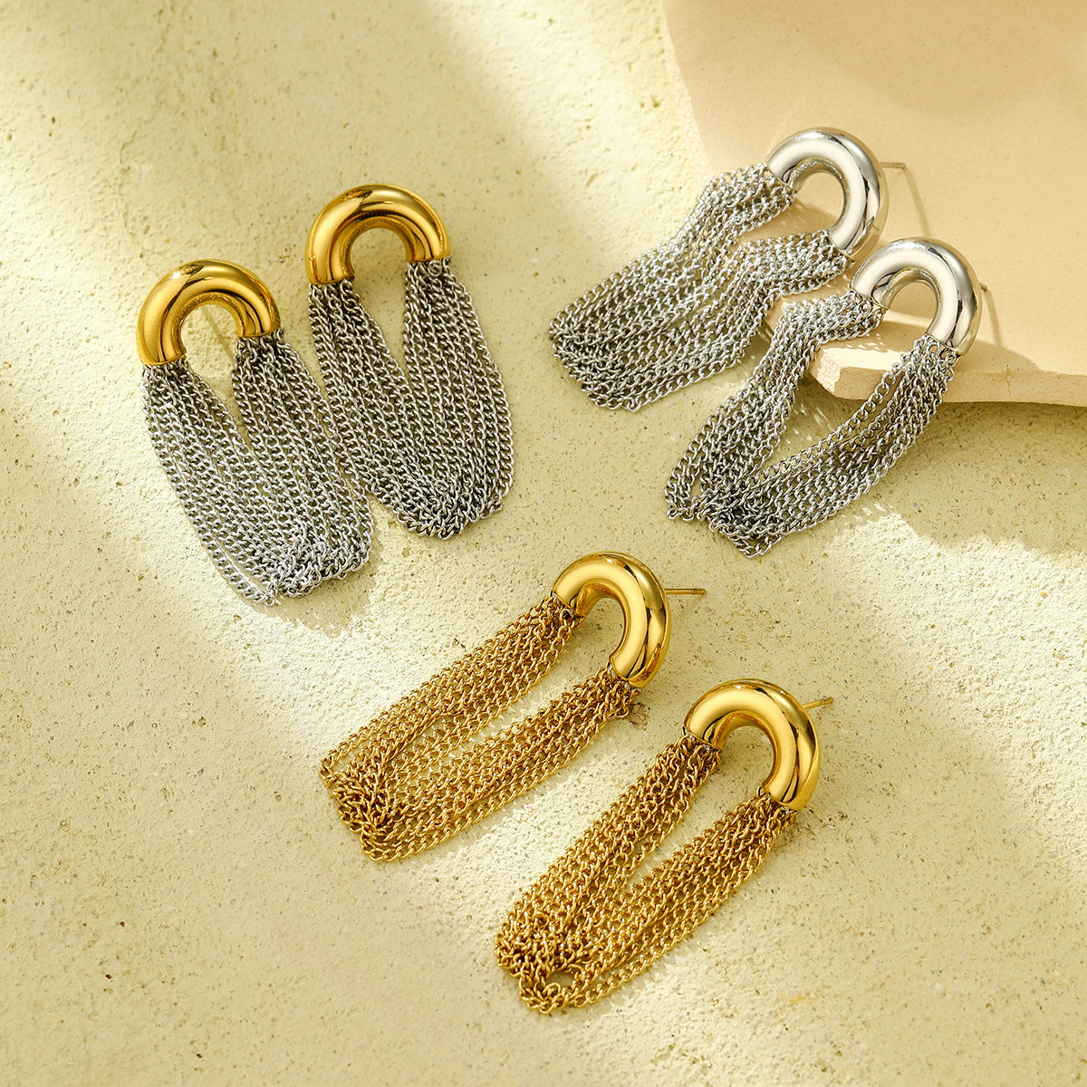 Simple curved chain temperament long tassel stainless steel earrings C-shaped advanced design earrings
