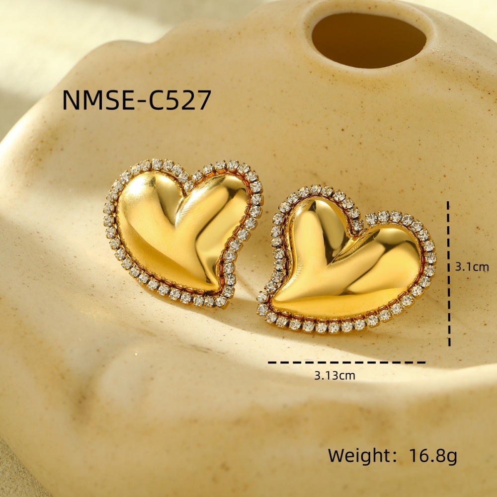 Heart-shaped diamond-studded stainless steel earrings, fashionable, light luxury and high-end earrings