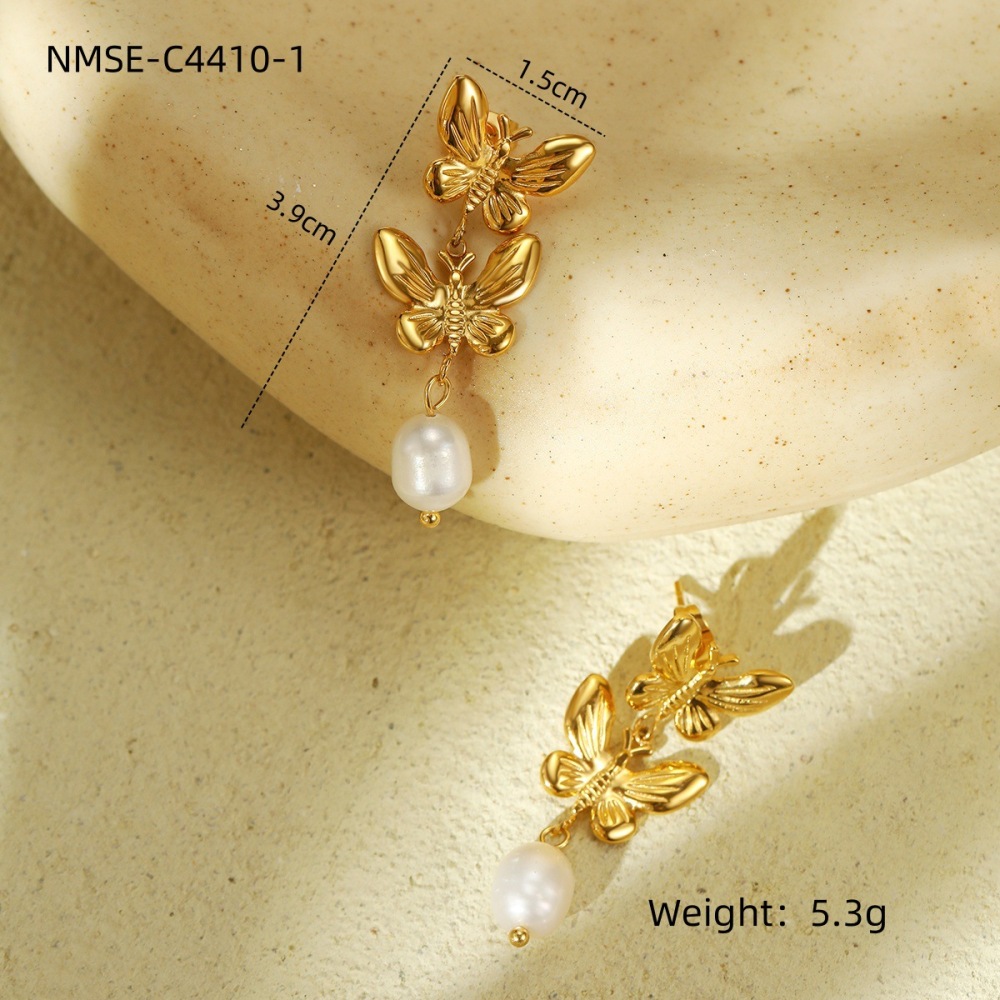 Pearl butterfly tassel stainless steel earrings fashionable light luxury high-end earrings
