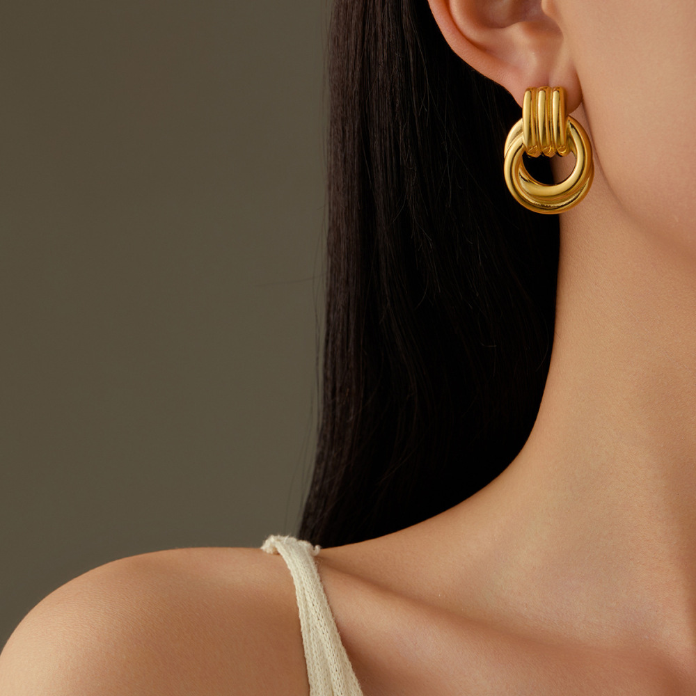 High-grade geometric gold thread winding fashionable stainless steel earrings
