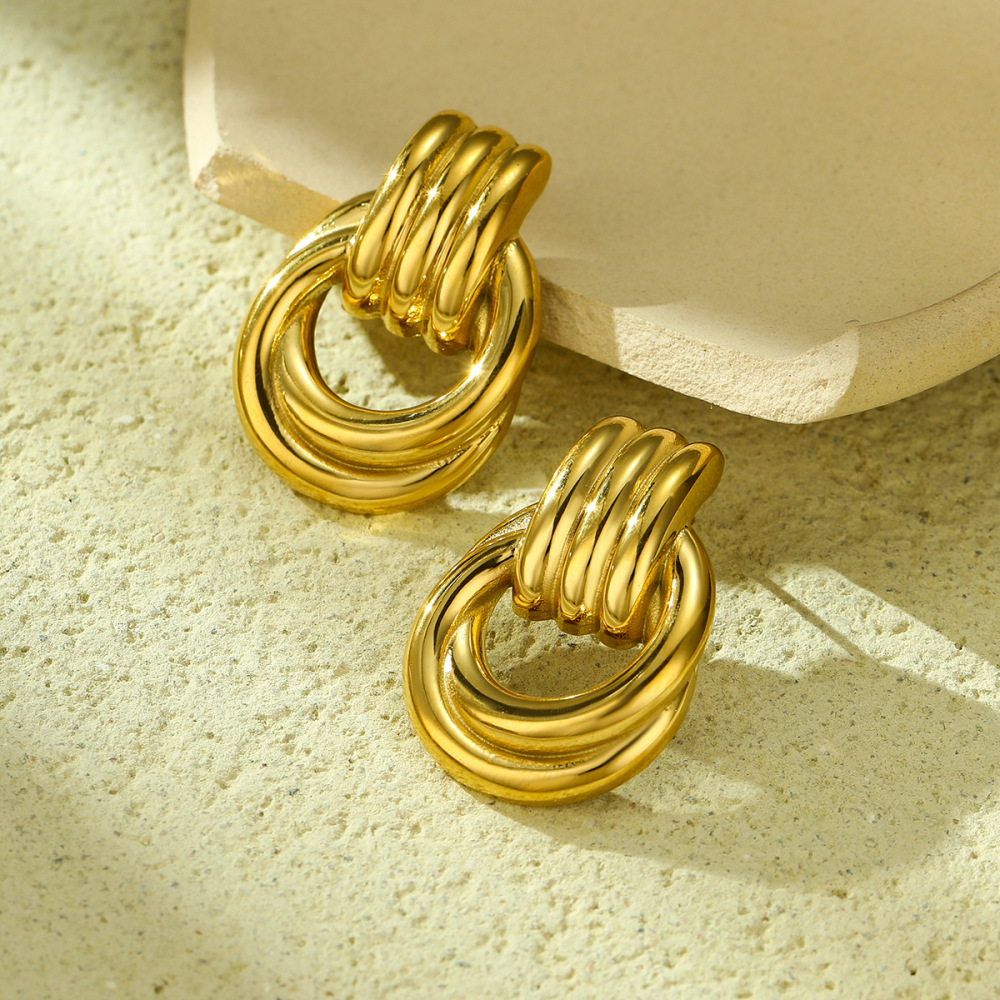 High-grade geometric gold thread winding fashionable stainless steel earrings