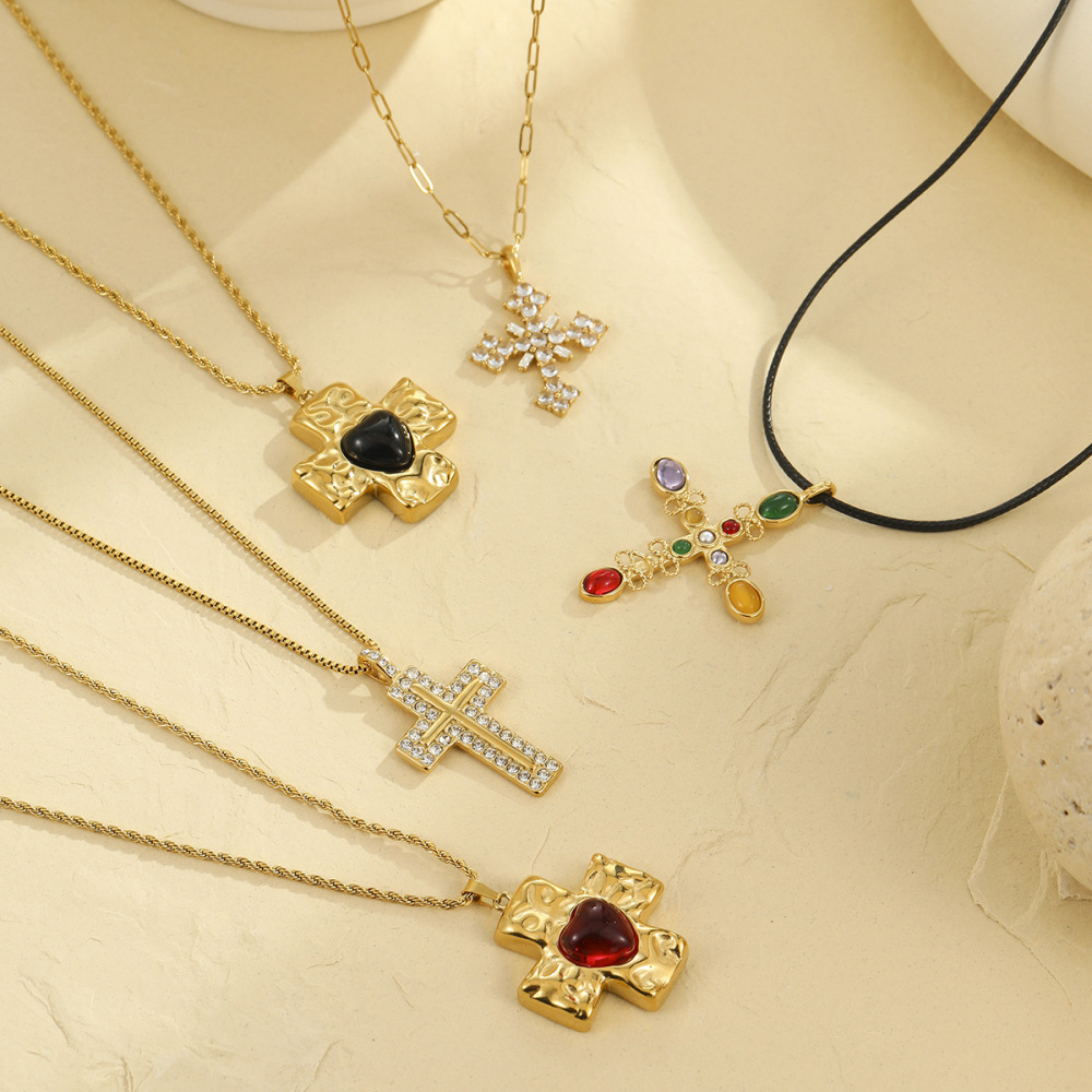 Colored diamond cross stainless steel necklace fashion love natural stone clavicle necklace